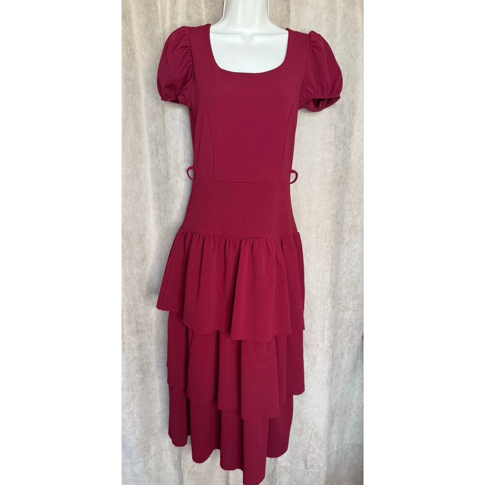 Quiz Wine Cap Sleeve Crepe Tiered Dress 4 NWT